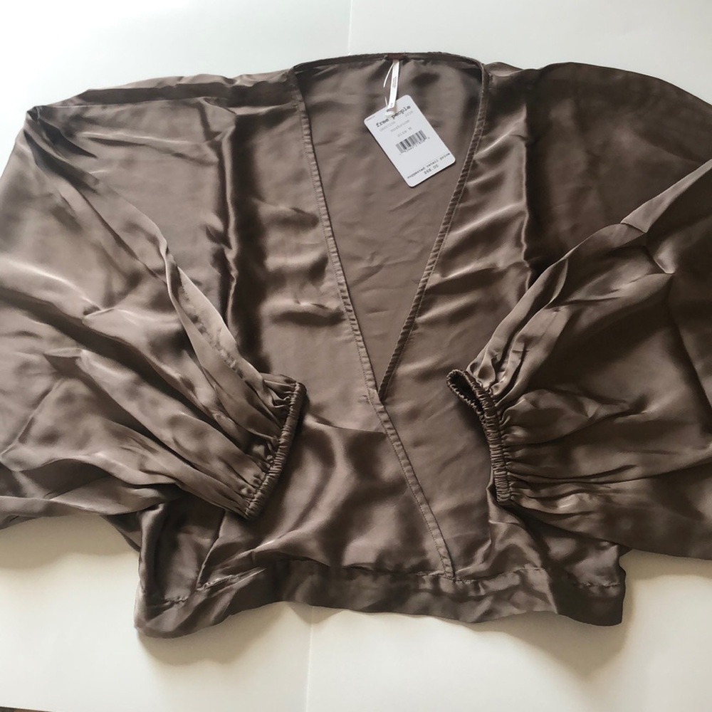 Free People Midnight Vibes Satin Blouse Taupe NEW - Picture 9 of 11